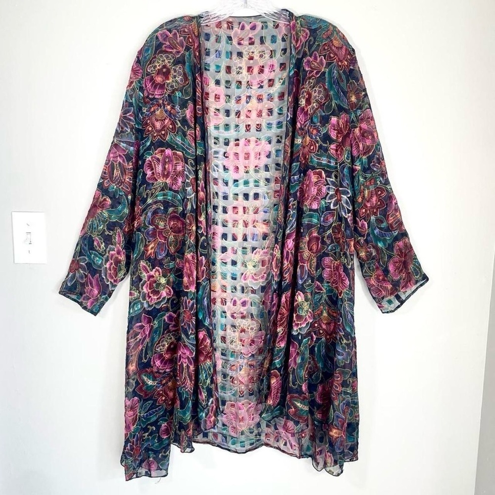 Sheer Floral Velvet Burnout Kimono Duster | Boho Open Front Layering Piece